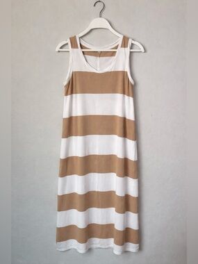 Z Supply Tan & White Striped Tank Dress Size Small Side Slit Casual Summer
